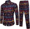 Men's Casual Ethnic Style Two-Piece Sets,Long Sleeve Fashion Cotton and Linen Floral Pattern Tracksuits