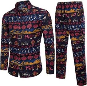 Men's Casual Ethnic Style Two-Piece Sets,Long Sleeve Fashion Cotton and Linen Floral Pattern Tracksuits (size: L)