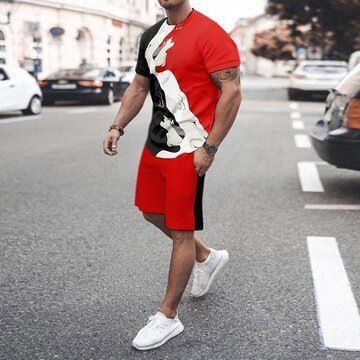 3D T-shirt digital printing short-sleeved shorts suit men's casual beach pants two-piece set
