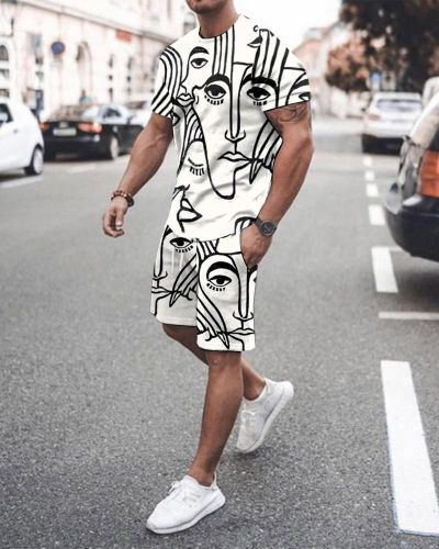 3D T-shirt digital printing short-sleeved shorts suit men's casual beach pants two-piece set
