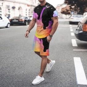 3D T-shirt digital printing short-sleeved shorts suit men's casual beach pants two-piece set (Color: TZ-01, size: S)