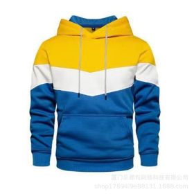 New men's fleece sweater splicing Hoodie autumn winter leisure sports sweater Plush casual coat (Color: YELLOW, size: 3XL)