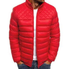 Autumn and winter new men's stand collar solid color simple fashion Ling grid cotton clothes men's fashion (Color: Red, size: XXL)