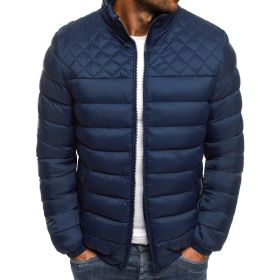 Autumn and winter new men's stand collar solid color simple fashion Ling grid cotton clothes men's fashion (Color: Navy, size: L)