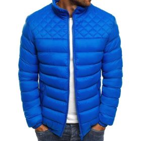 Autumn and winter new men's stand collar solid color simple fashion Ling grid cotton clothes men's fashion (Color: Royal Blue, size: L)