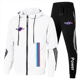 For Bmw Men's Casual Sports Suit Zipper Hooded Jacket + Pants Tracksuit Sweatshirt Casual Male Set (Color: White, size: XL)