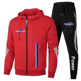For Bmw Men's Casual Sports Suit Zipper Hooded Jacket + Pants Tracksuit Sweatshirt Casual Male Set (Color: Red, size: L)