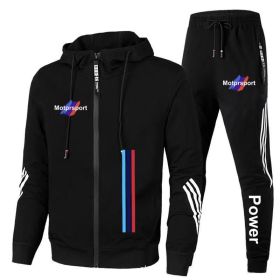 For Bmw Men's Casual Sports Suit Zipper Hooded Jacket + Pants Tracksuit Sweatshirt Casual Male Set (Color: BLACK, size: 2XL)